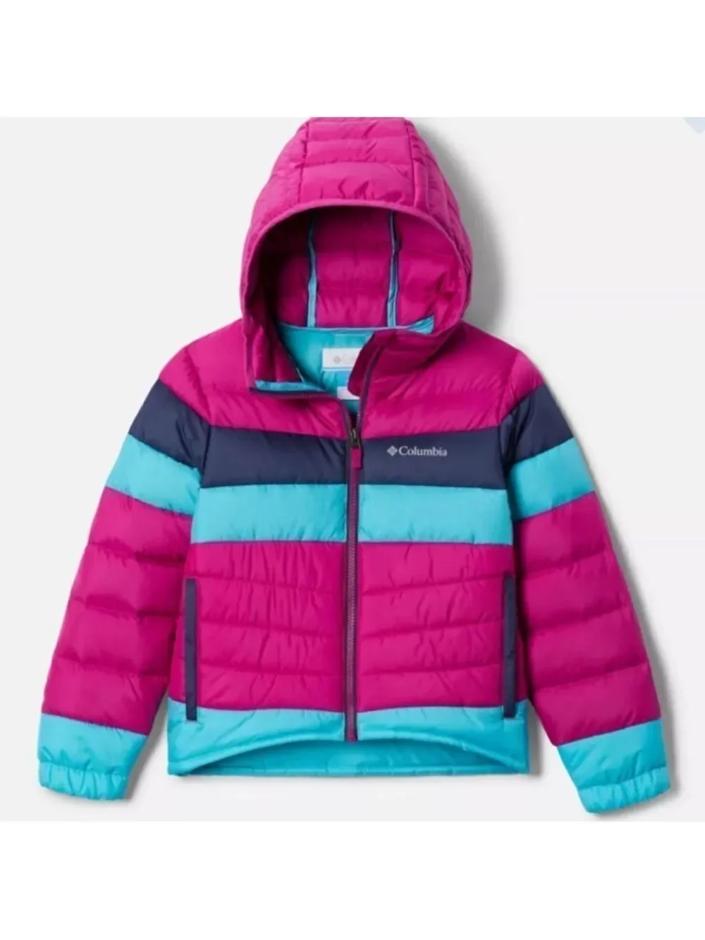 Columbia Tumble Rock down puffer striped magenta, teal and navy coat size large